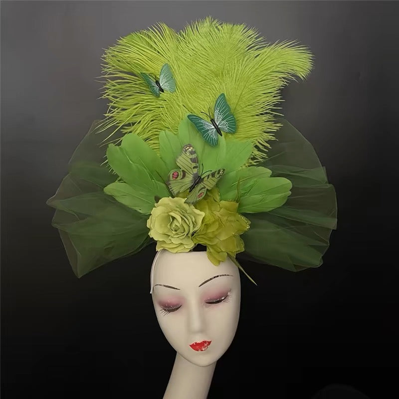 Extravagant Colorful Feather and Flower Headpiece with Butterfly Accents for Special Occasions