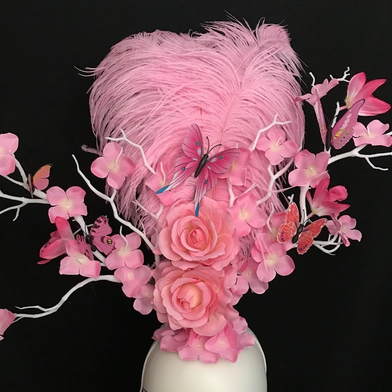 Extravagant Colorful Feather and Flower Headpiece with Butterfly Accents for Special Occasions