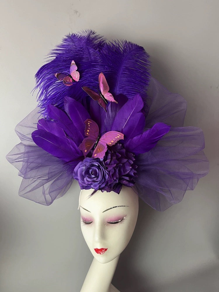 Extravagant Colorful Feather and Flower Headpiece with Butterfly Accents for Special Occasions