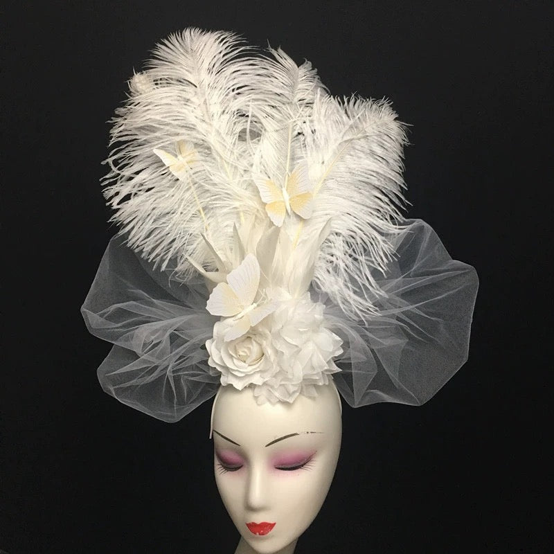 Extravagant Colorful Feather and Flower Headpiece with Butterfly Accents for Special Occasions