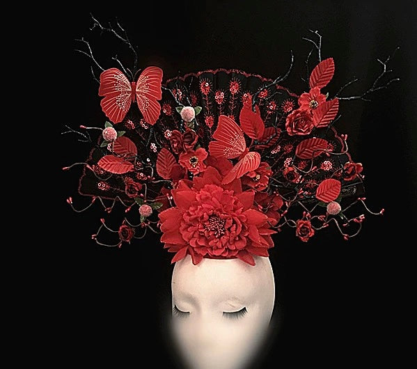 Crimson Elegance A Floral and Fan Themed Headpiece