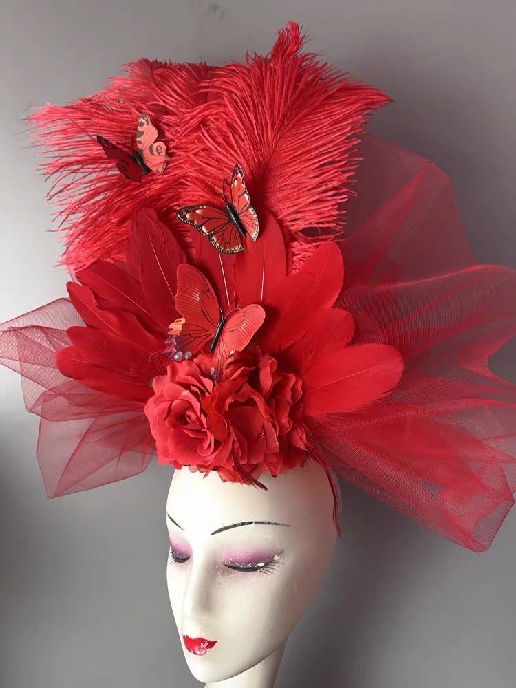 Extravagant Colorful Feather and Flower Headpiece with Butterfly Accents for Special Occasions