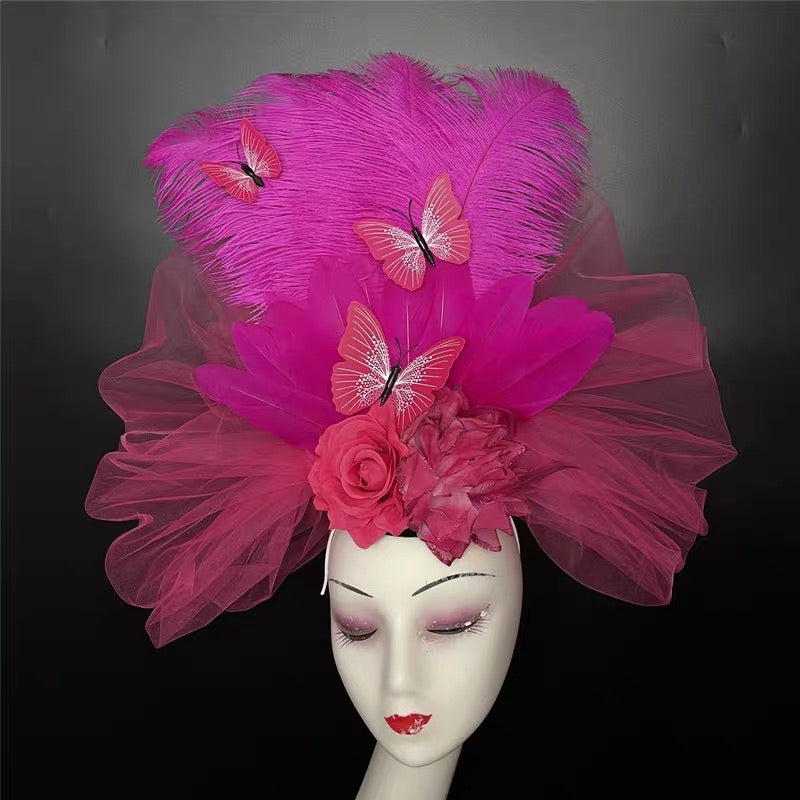 Extravagant Colorful Feather and Flower Headpiece with Butterfly Accents for Special Occasions