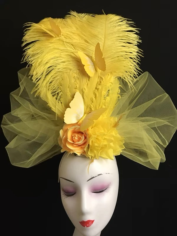 Extravagant Colorful Feather and Flower Headpiece with Butterfly Accents for Special Occasions